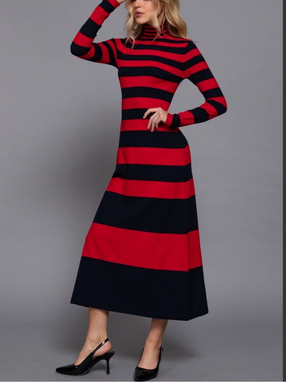 Active USA Turtleneck Striped Long-Sleeved Sweater Dress Red & Black